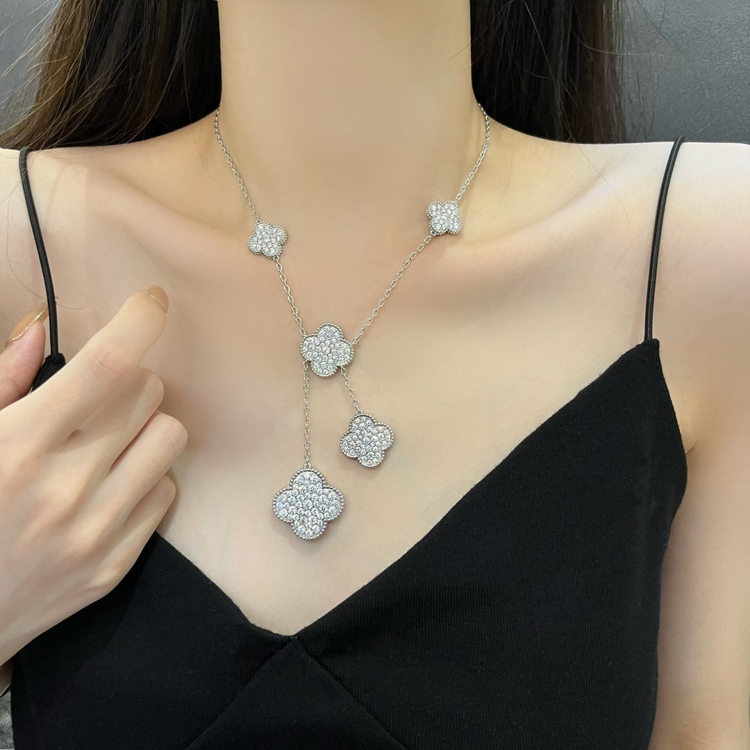 [Kismet Jewels ]CLOVER 5 MOTIFS SILVER DIAMONDS NECKLACE