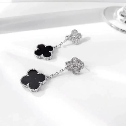 [Kismet Jewels ]CLOVER 2 MOTIFS  DIAMOND ONYX EARRINGS SILVER
