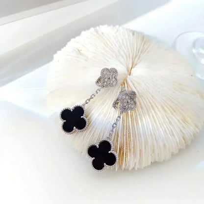 [Kismet Jewels ]CLOVER 2 MOTIFS  DIAMOND ONYX EARRINGS SILVER