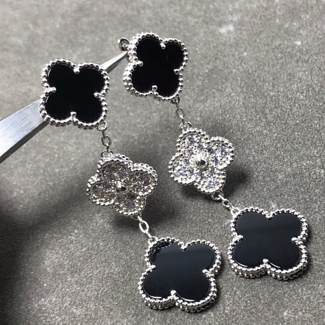 [Kismet Jewels ]CLOVER 3 MOTIF DIAMOND ONYX SILVER EARRINGS