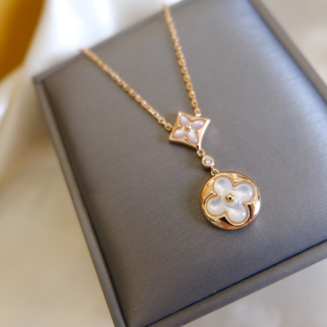 [Kismet Jewels ]STAR AND SUN WHITE MOP 2 MOTIF PINK GOLD NECKLACE