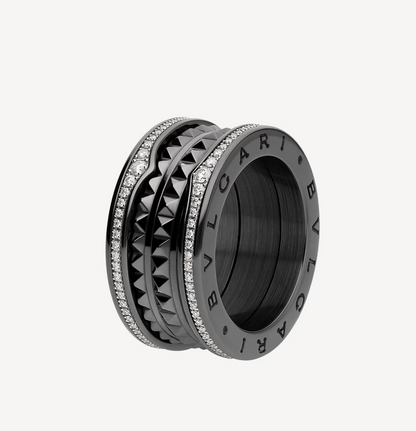 [Kismet Jewels ]ZERO 1 ROCK FOUR-BAND BLACK CERAMIC WITH STUDDED SPIRAL AND PAVED DIAMONDS RING