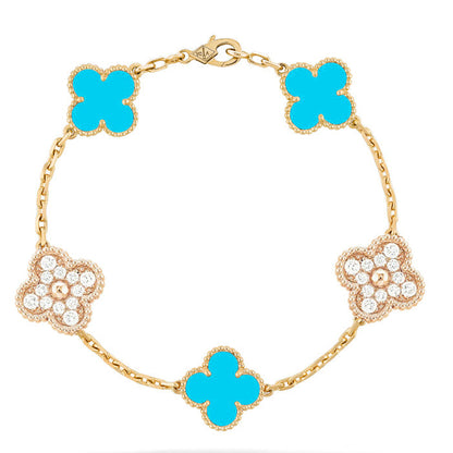 [Kismet Jewels ]CLOVER 5 MOTIF TURQUOISE DIAMOND GOLD BRACELET