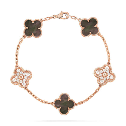 [Kismet Jewels ]CLOVER 5 MOTIFS DARK MOP AND DIAMONDS PINK GOLD BRACELET