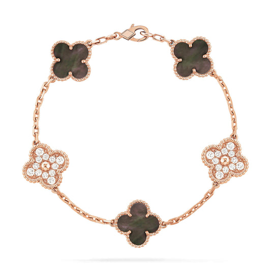 [Kismet Jewels ]CLOVER 5 MOTIFS DARK MOP AND DIAMONDS PINK GOLD BRACELET