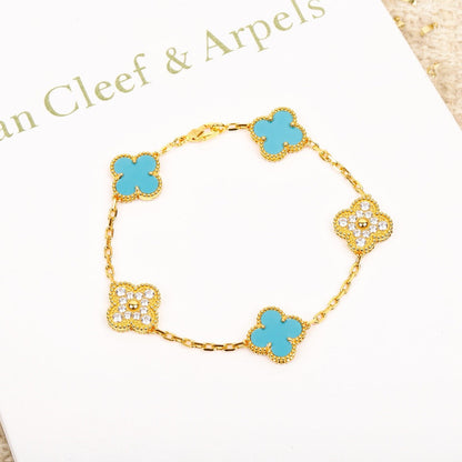 [Kismet Jewels ]CLOVER 5 MOTIF TURQUOISE DIAMOND GOLD BRACELET