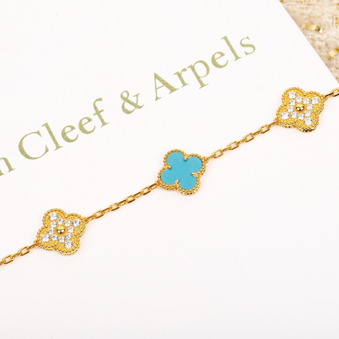 [Kismet Jewels ]CLOVER 5 MOTIF TURQUOISE DIAMOND GOLD BRACELET