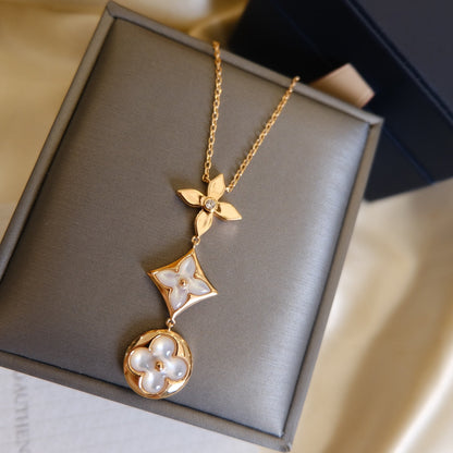 [Kismet Jewels ]COLOR BLOSSOM LARIAT NECKLACE PINK GOLD WHITE MOTHER PEARL AND DIAMOND